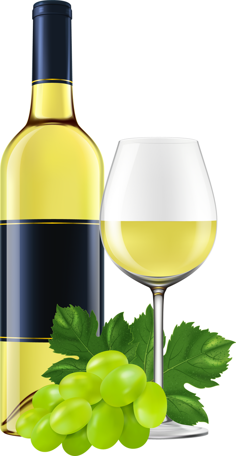 White wine bottle with a glass and grapes